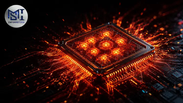 Chip AMD Ryzen AI com NPU integrada emitindo energia laranja e vermelha representando alto desempenho