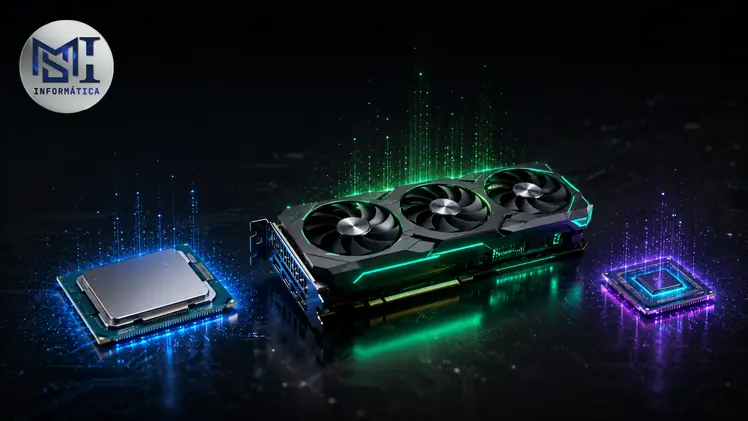 CPU, GPU e NPU lado a lado representando as três unidades de processamento com iluminação colorida