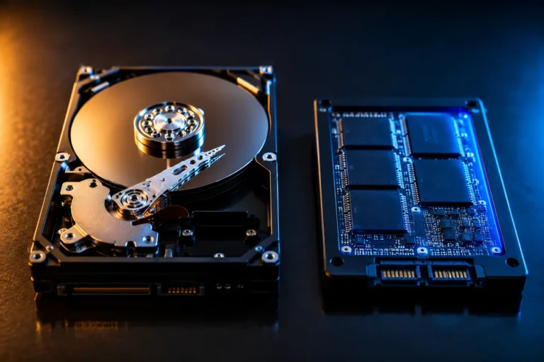 HD disco rígido aberto ao lado de um SSD mostrando a diferença física entre as duas tecnologias de armazenamento
