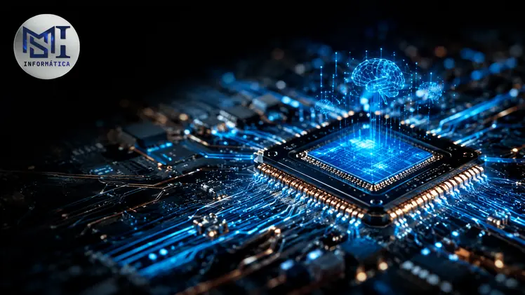 NPU unidade de processamento neural destacada dentro de um chip moderno com fluxo de dados em azul