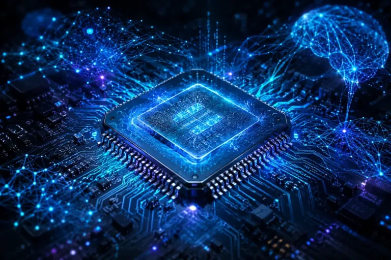 Chip processador com inteligência artificial embarcada emitindo redes neurais azuis em fundo escuro
