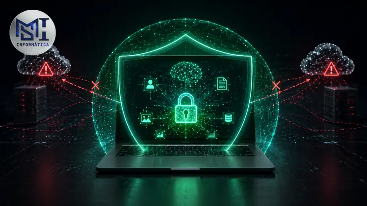 Laptop protegido por escudo digital com IA inteligência artificial processando dados localmente sem enviar para a nuvem
