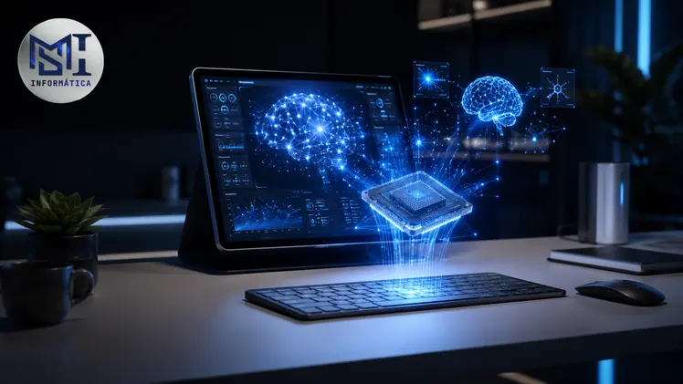 Setup de AI PC com processador Intel Core Ultra emitindo hologramas de inteligência artificial sobre a mesa