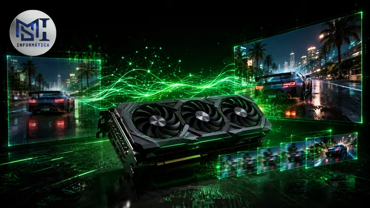 Placa de vídeo NVIDIA de alto desempenho com tecnologia DLSS e IA para upscaling emitindo luz verde em fundo escuro