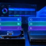 Disco rígido e SSD sendo particionados no Windows 11 com representação visual das unidades C D e E organizadas