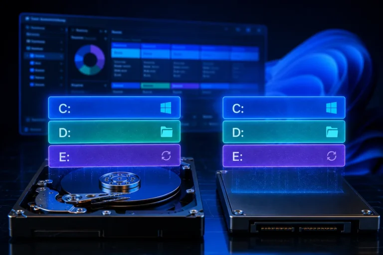 Disco rígido e SSD sendo particionados no Windows 11 com representação visual das unidades C D e E organizadas