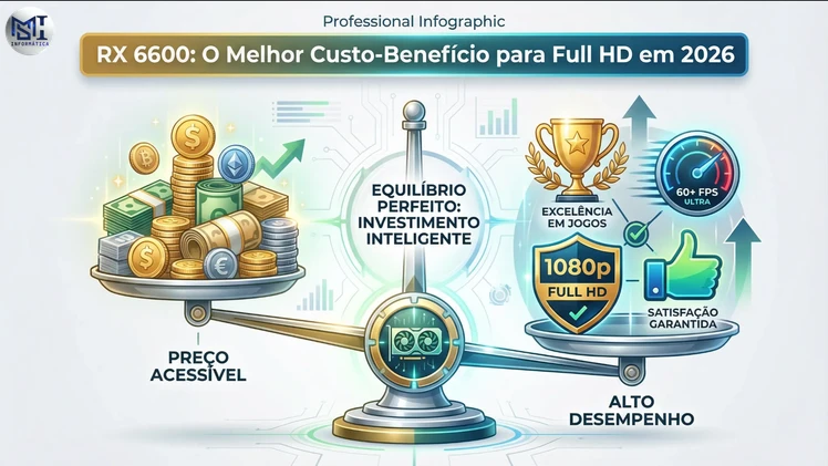 Infográfico com uma balança mostrando o equilíbrio entre o preço acessível da RX 6600 de um lado e o alto desempenho em jogos Full HD do outro, destacando-a como o melhor custo-benefício para 2026.