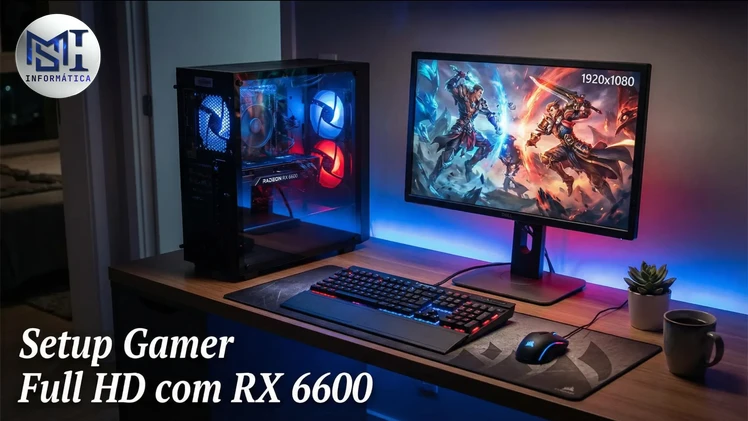 Imagem de um setup gamer completo e moderno, com um monitor Full HD, teclado e mouse com iluminação RGB, e um gabinete com a placa de vídeo RX 6600 visível. A imagem representa a experiência ideal de jogos em 1080p.