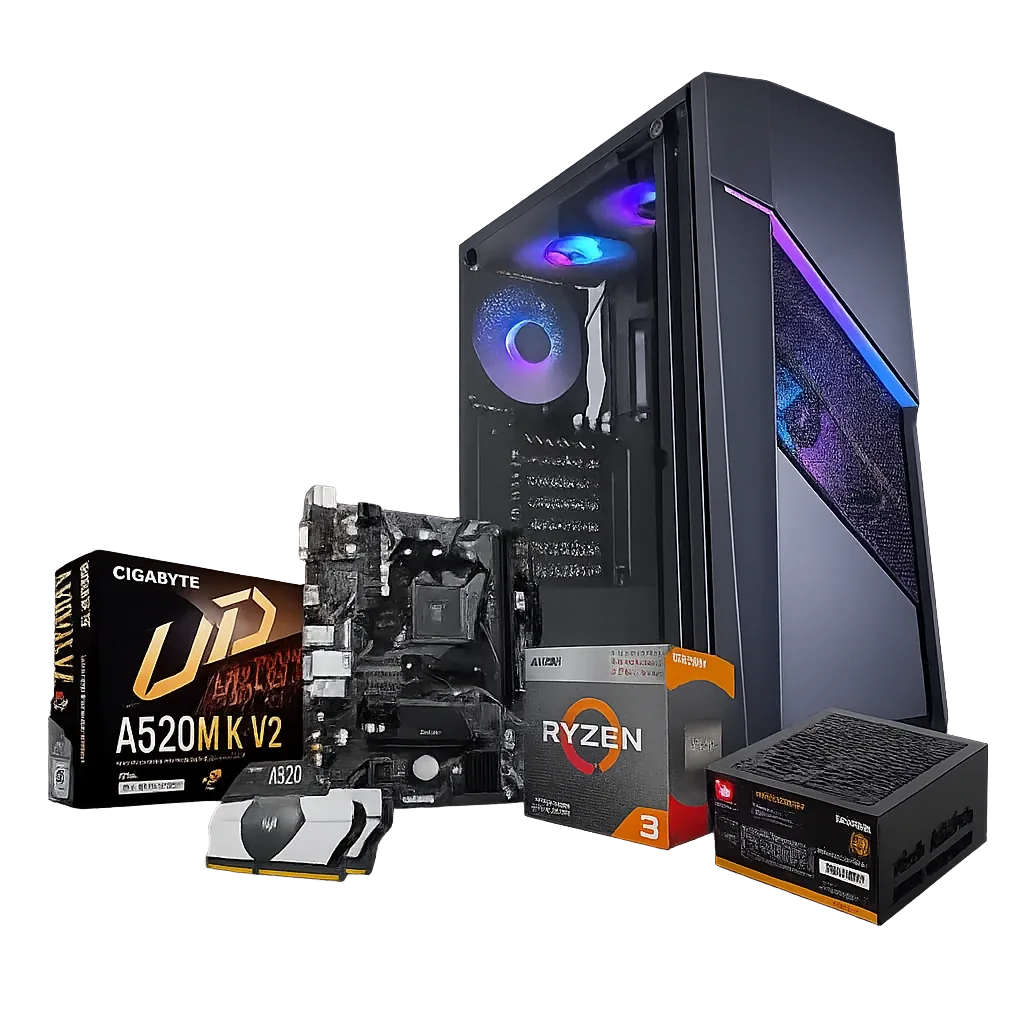 PC gamer completo montado com gabinete moderno e componentes internos para alto desempenho em jogos