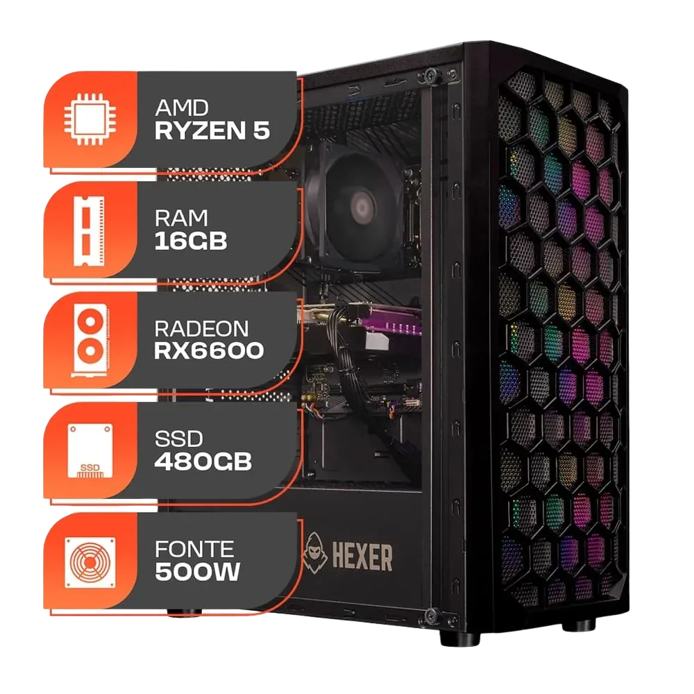 PC Gamer com AMD Ryzen 5, 16GB de RAM, placa de vídeo Radeon RX 6600, SSD de 480GB e gabinete com iluminação RGB frontal