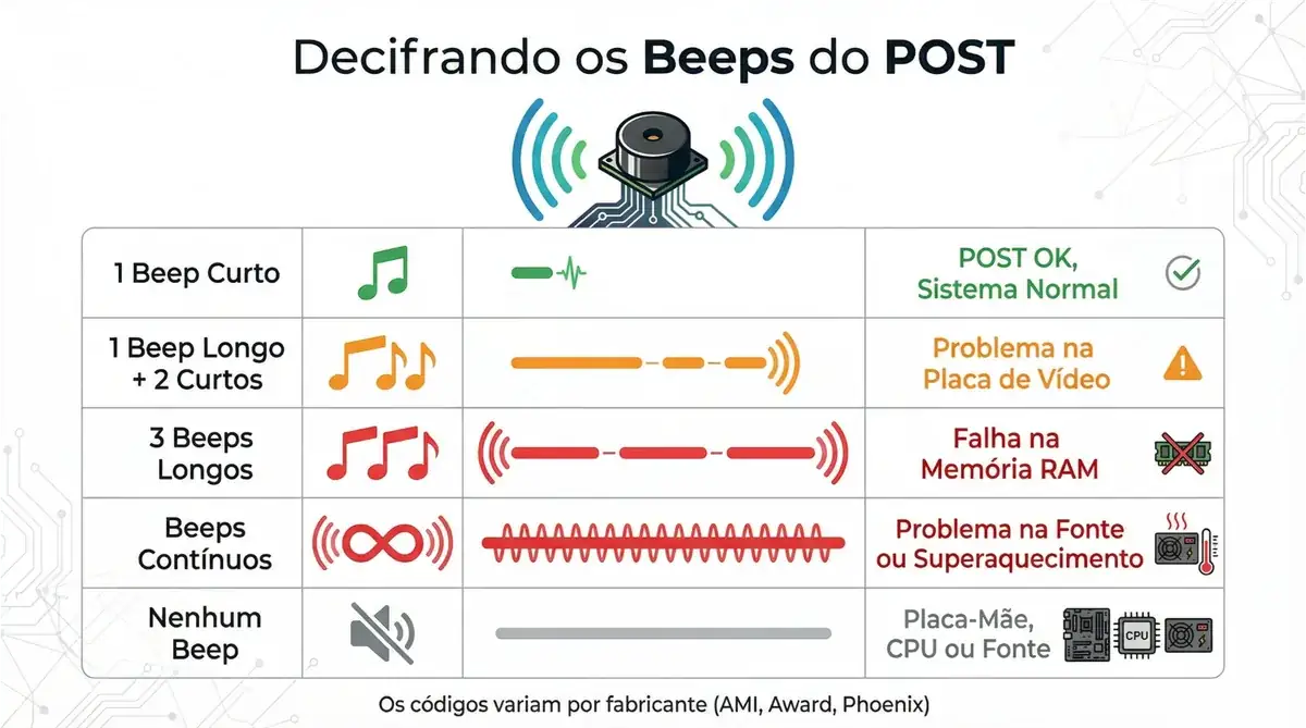 Infográfico educativo sobre códigos de beep do POST mostrando alto-falante de placa-mãe emitindo ondas sonoras no topo, seguido de tabela com 5 padrões: 1 beep curto verde (POST OK, sistema normal), 1 beep longo + 2 curtos laranja (problema na placa de vídeo), 3 beeps longos vermelho (falha na memória RAM), beeps contínuos vermelho (problema na fonte ou superaquecimento), nenhum beep cinza (placa-mãe, CPU ou fonte), cada linha com representação visual do padrão sonoro em barras, nota de rodapé sobre variação por fabricante, fundo branco limpo. Pc não liga.