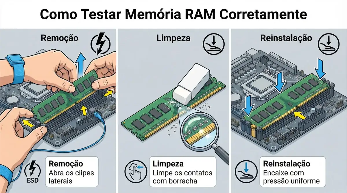 Ilustração técnica dividida em 3 painéis mostrando processo de teste de memória RAM: painel esquerdo com mãos usando pulseira antiestática removendo pente de RAM da placa-mãe abrindo clipes laterais, painel central mostrando limpeza dos contatos dourados com borracha branca em close-up, painel direito mostrando reinstalação correta com pressão uniforme e encaixe do entalhe, com textos explicativos em português, ícones de alerta ESD e força controlada, fundo cinza claro técnico
