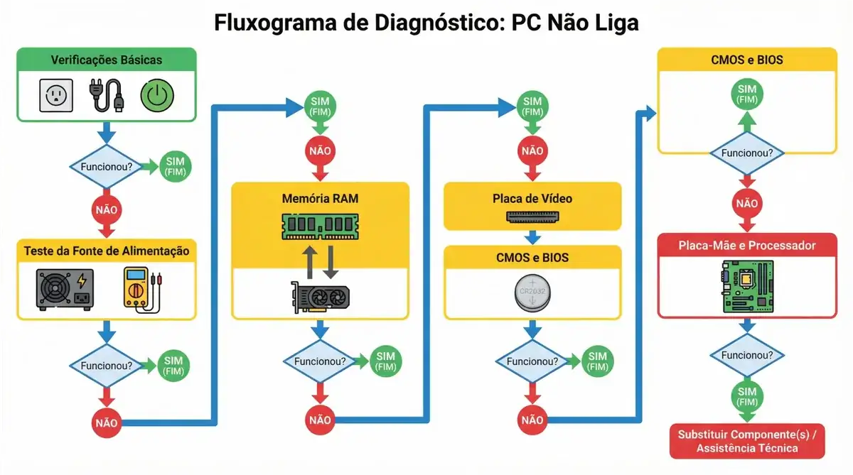 Fluxograma técnico vertical de diagnóstico para PC que não liga, mostrando 6 etapas sequenciais: verificações básicas (tomada, cabo, botão power), teste da fonte de alimentação com multímetro, teste de memória RAM, teste de placa de vídeo, reset de CMOS e BIOS com bateria CR2032, e diagnóstico de placa-mãe e processador, com ramificações de decisão verde (funcionou/sim) e vermelha (não funcionou/próxima etapa), ícones coloridos e layout organizado em fundo branco