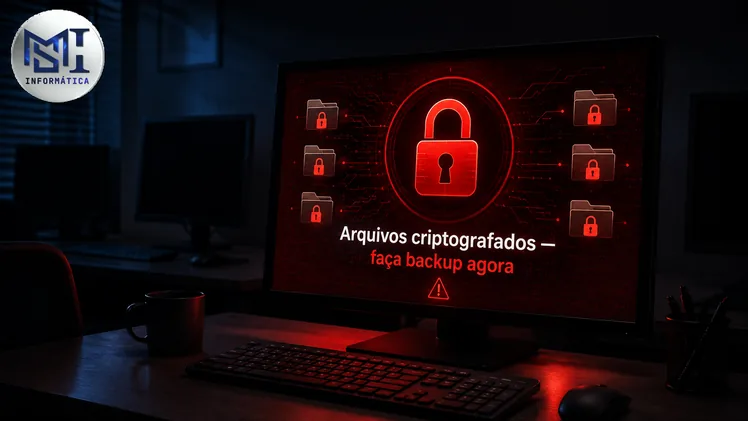 Ilustração de um monitor com arquivos criptografados por ransomware e o aviso para fazer backup