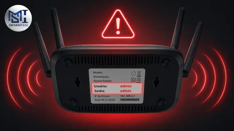 Roteador doméstico com credencial padrão admin e senha visível exposta indicando vulnerabilidade. Como configurar o roteador seguro.