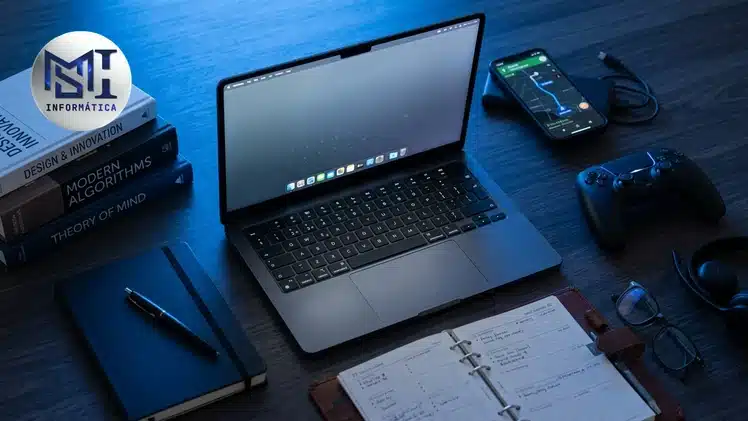 Notebook cercado por ícones que representam diferentes usos, trabalho, estudo, jogos e tarefas básicas, para escolher o modelo certo
