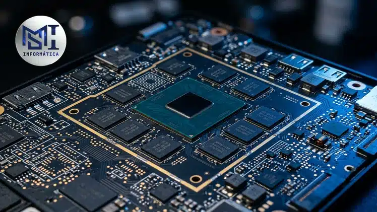 Placa-mãe de notebook com memória RAM soldada, ilustrando modelos que não aceitam upgrade de RAM