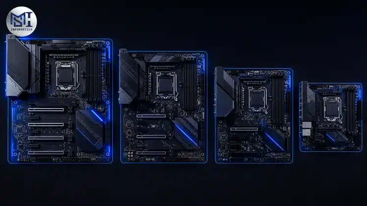 Comparativo de formatos de placa-mãe E-ATX, ATX, Micro-ATX e Mini-ITX dispostos lado a lado para ilustrar compatibilidade com gabinetes