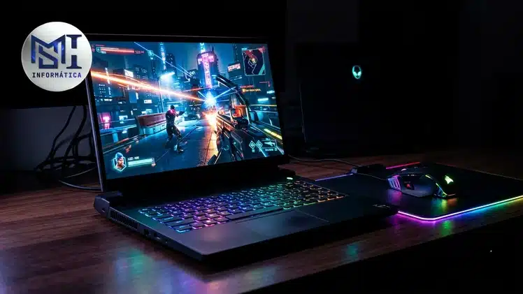 Notebook gamer com teclado RGB exibindo jogo de ação em alta definição, representando quando um notebook gamer faz sentido