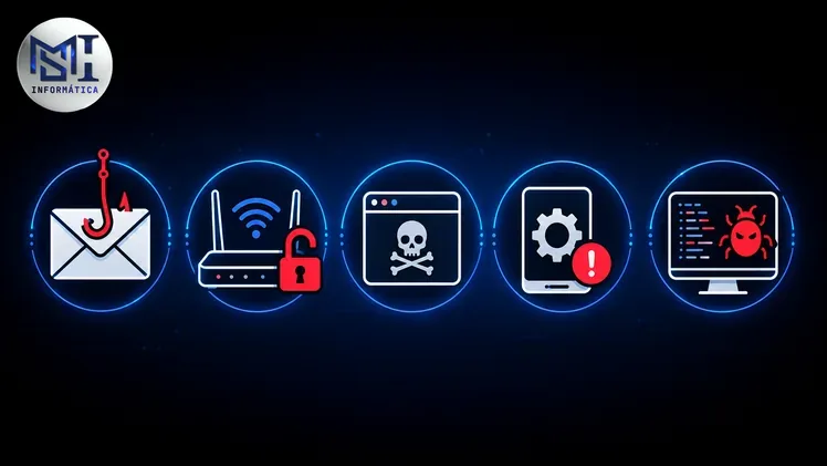 Ilustração dos principais vetores de ataque digital como phishing, roteador vulnerável e software pirata