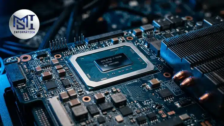 Processador de notebook em destaque sobre placa-mãe, representando a escolha entre Intel Core e AMD Ryzen em 2026