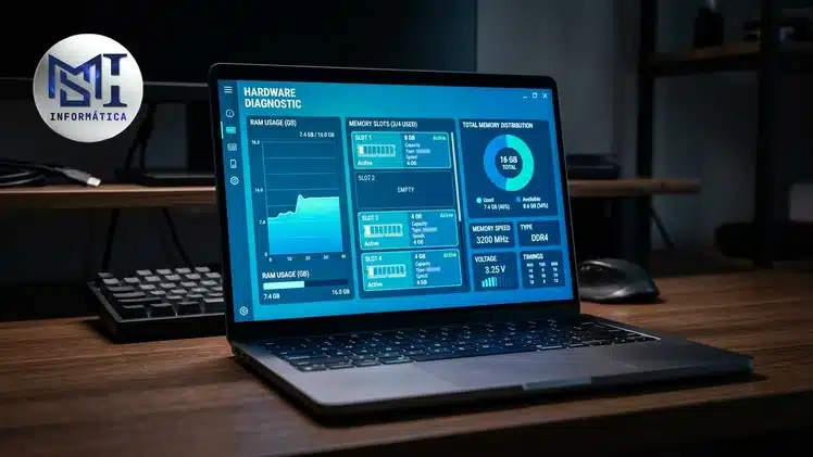 Tela de notebook exibindo software de diagnóstico com informações de slots e memória RAM instalada