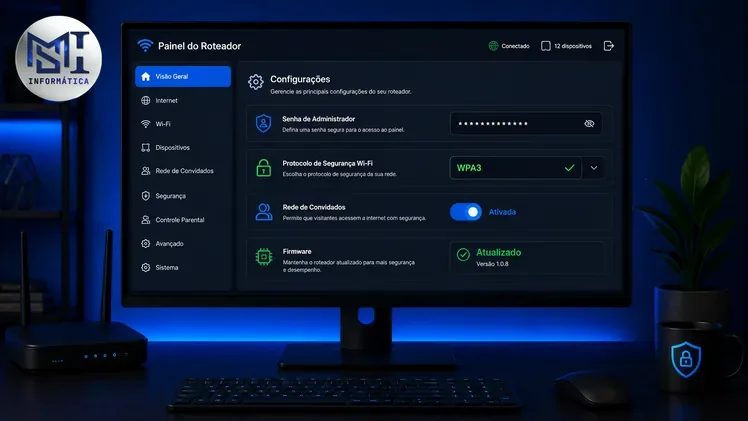 Interface de painel administrativo de roteador com configurações de segurança WPA3 e rede de convidados ativas