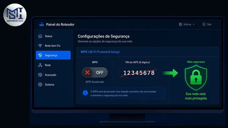 Botão WPS sendo desativado no painel de configuração do roteador com alerta de vulnerabilidade de PIN