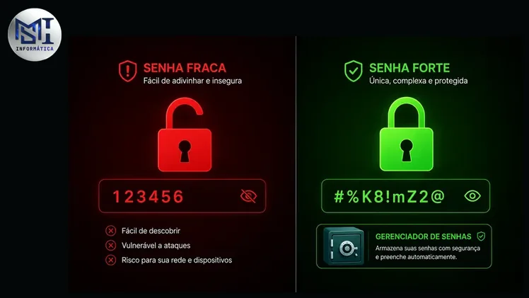 Comparativo visual entre senha fraca e senha forte, com cadeado aberto versus cadeado fechado e ícone de gerenciador de senhas