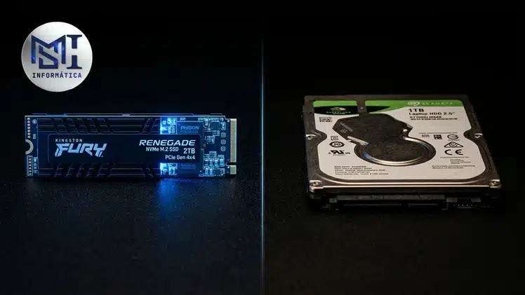 SSD NVMe M.2 ao lado de um HD mecânico de notebook, comparando velocidade ao escolher notebook em 2026