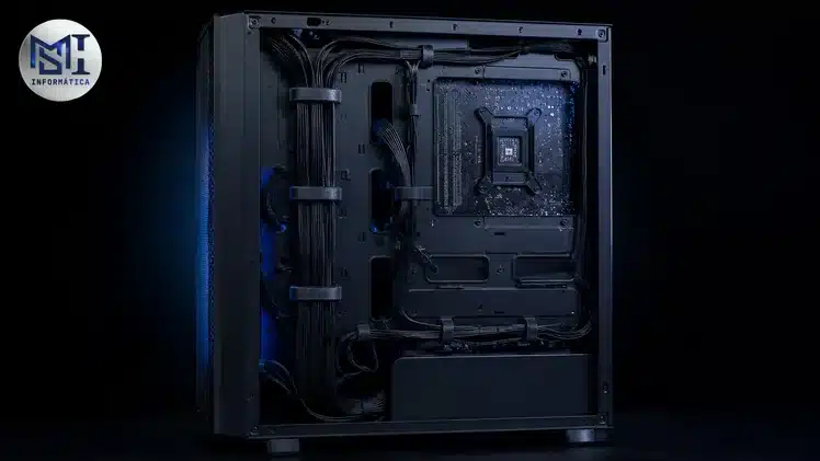 Interior de gabinete PC gamer mostrando cabos perfeitamente organizados atrás do painel traseiro com velcros e passadores de borracha
