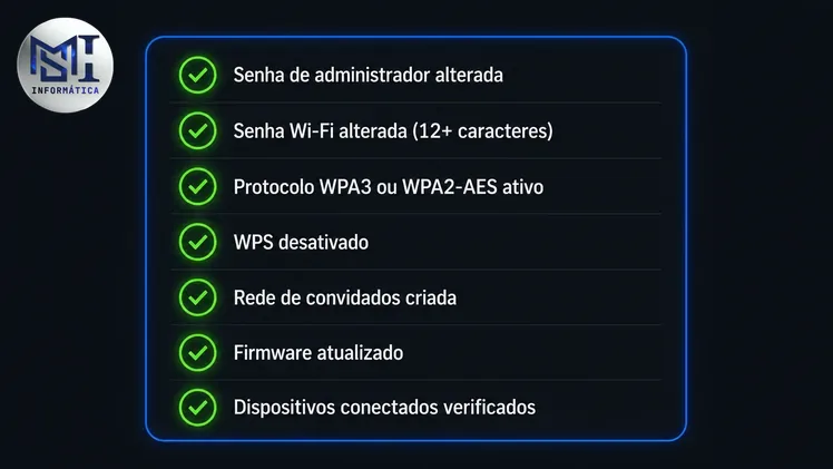 Checklist de segurança de roteador doméstico com sete itens marcados como concluídos em verde