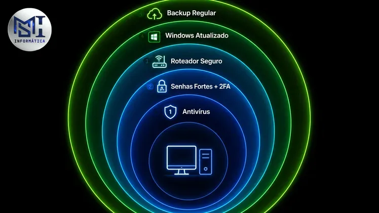 Diagrama de camadas de proteção digital com antivírus, senha forte, roteador seguro, backup e Windows atualizado