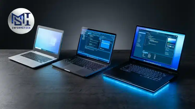 Notebooks de vários tamanhos lado a lado, do mais simples ao mais completo, representando os patamares ao escolher notebook