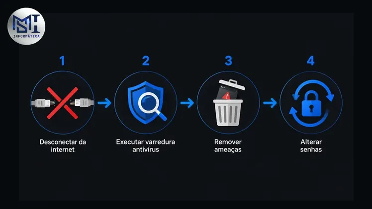 Sequência de ações de resposta a infecção no PC com varredura de antivírus e desconexão da rede. Segurança digital em casa.
