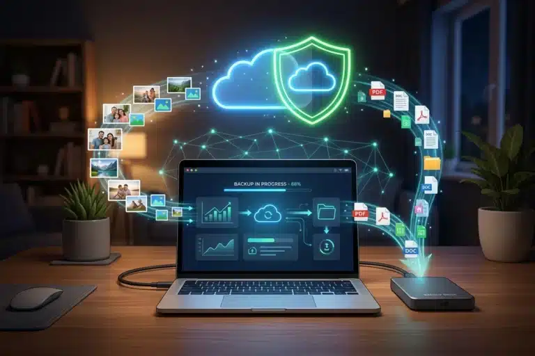 Arquivos pessoais protegidos por backup doméstico: notebook, HD externo e símbolo de nuvem representando cópias de segurança