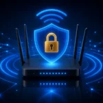 Roteador Wi-Fi doméstico com escudo de segurança digital e cadeado ativo em rede protegida