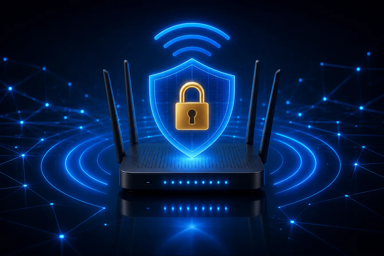 Roteador Wi-Fi doméstico com escudo de segurança digital e cadeado ativo em rede protegida