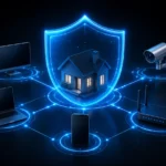 Ilustração de segurança digital em casa com escudo digital protegendo rede Wi-Fi doméstica em 2026