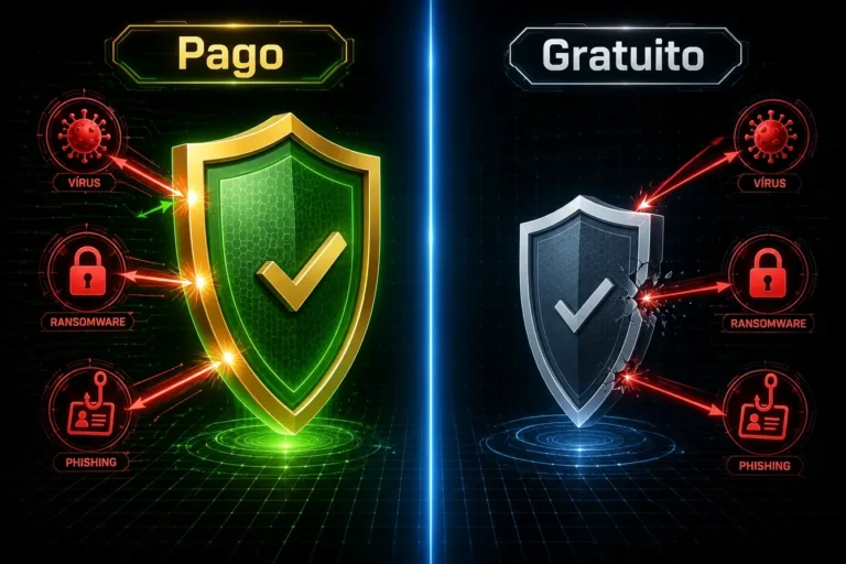 Comparativo visual entre antivírus pago e gratuito com escudos de proteção em confronto digital