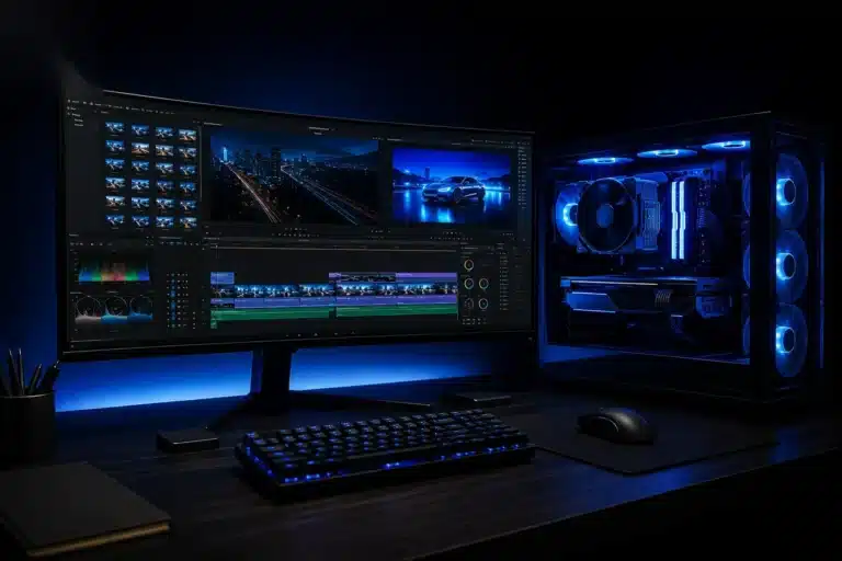 Mesa de criação profissional com workstation para edição de vídeo 4K em 2026: monitor com DaVinci Resolve aberto e PC de alto desempenho ao lado