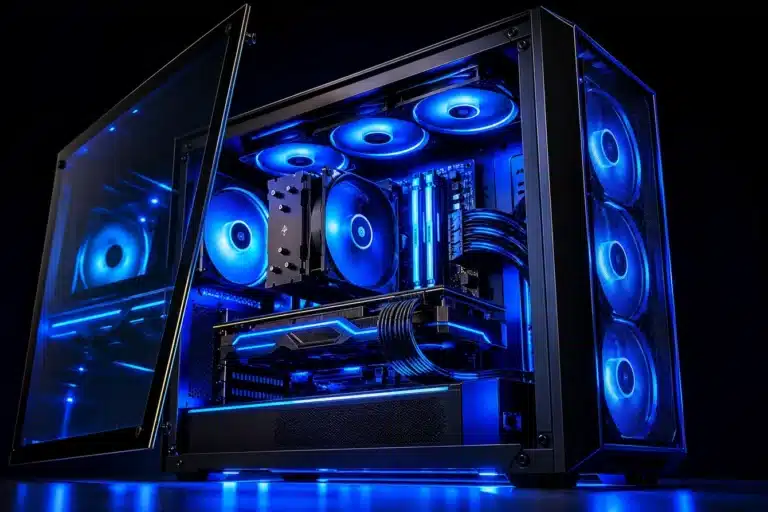 Gabinete PC gamer Mid Tower com painel de vidro temperado aberto mostrando interior iluminado em azul com GPU e cooler de CPU visíveis