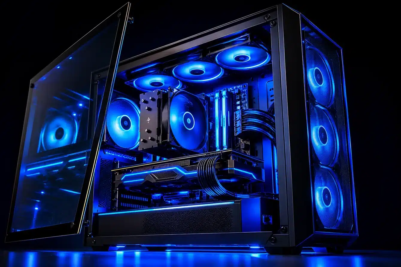 Gabinete PC gamer Mid Tower com painel de vidro temperado aberto mostrando interior iluminado em azul com GPU e cooler de CPU visíveis