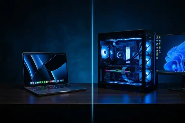 Notebook e desktop lado a lado em 2026 representando a dúvida sobre qual comprar para trabalho e estudo