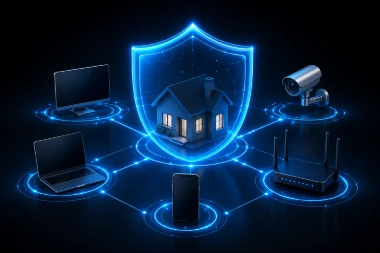 Ilustração de segurança digital em casa com escudo digital protegendo rede Wi-Fi doméstica em 2026