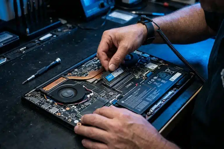 Mãos instalando um pente de memória RAM SO-DIMM em um notebook aberto durante upgrade em 2026