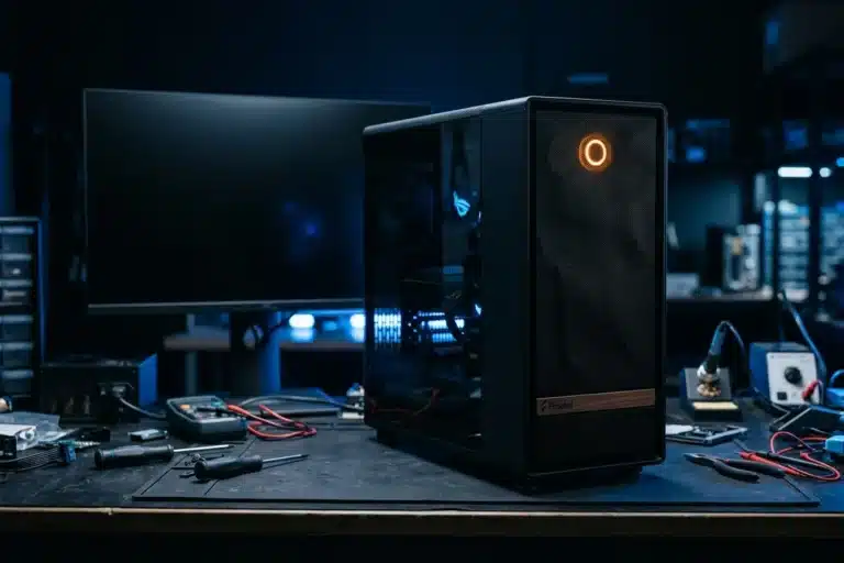 Computador desktop apagado sobre a mesa, com luz de diagnóstico acesa no botão de energia