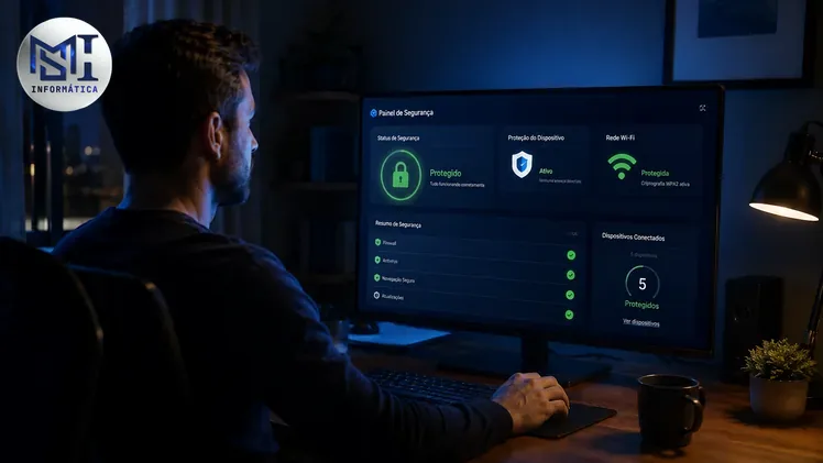 Pessoa usando computador em casa com camadas de proteção digital visíveis na tela