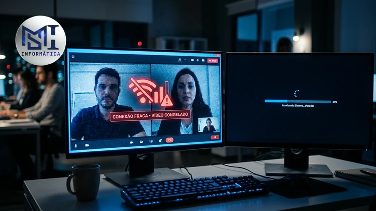Videochamada e sistema travando por rede instável na empresa, interrompendo o trabalho da equipe