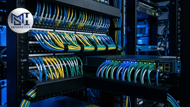 Cabeamento estruturado organizado em rack de rede, sustentando a rede estável na empresa